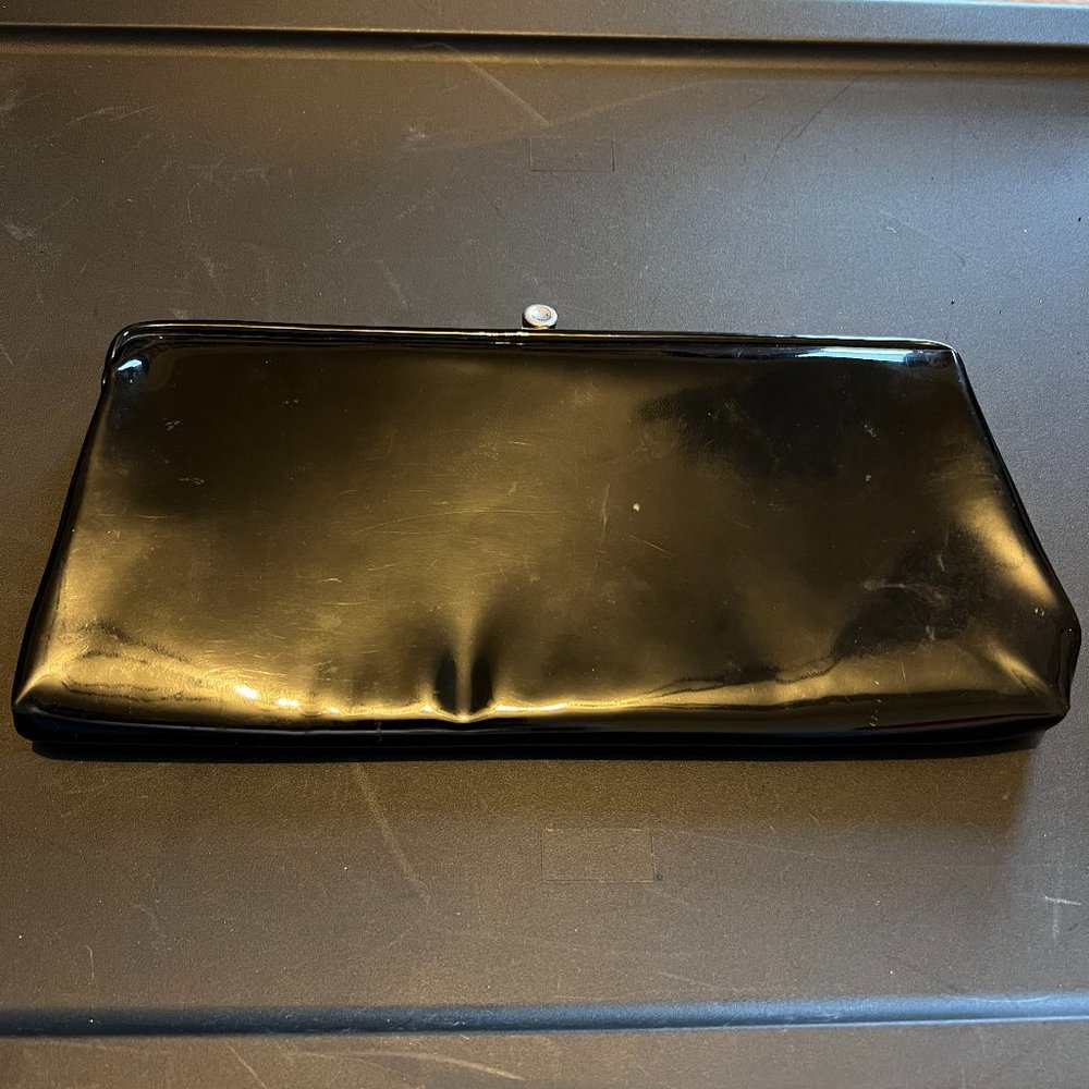 Black Patent Leather Evening Bag Clutch Purse Handbag with Silver Clasp